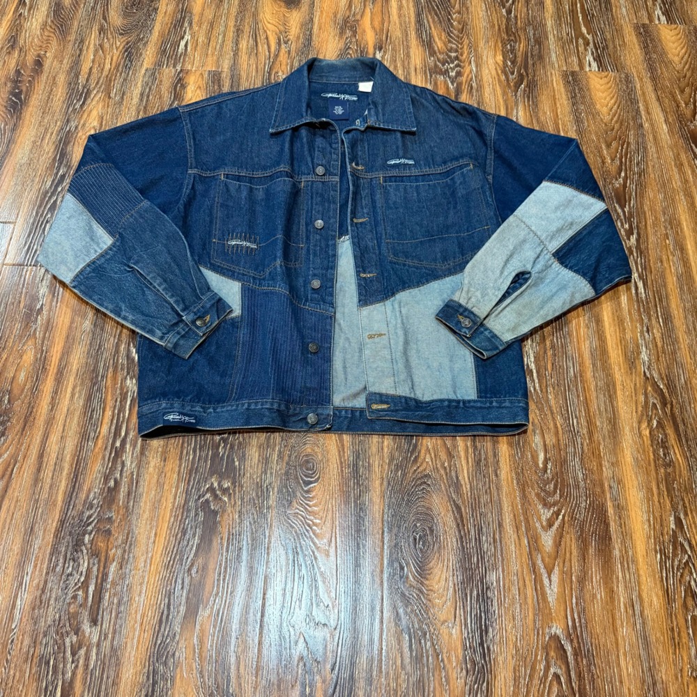 Brooklyn Xpress XL Denim Jacket Mens Blue Patchwork Mixed Media Streetwear Y2K